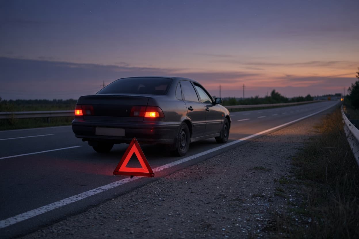 A car stopped on the shoulder with a warning triangle.
