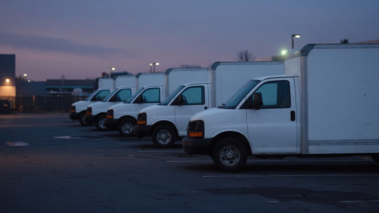 White fleet vans parked in a lot at dusk.
