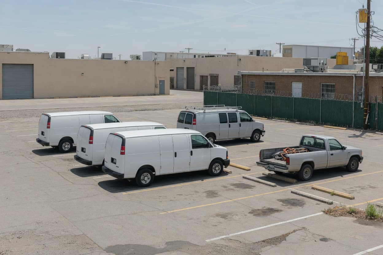 Work vans and a pickup in a city lot.