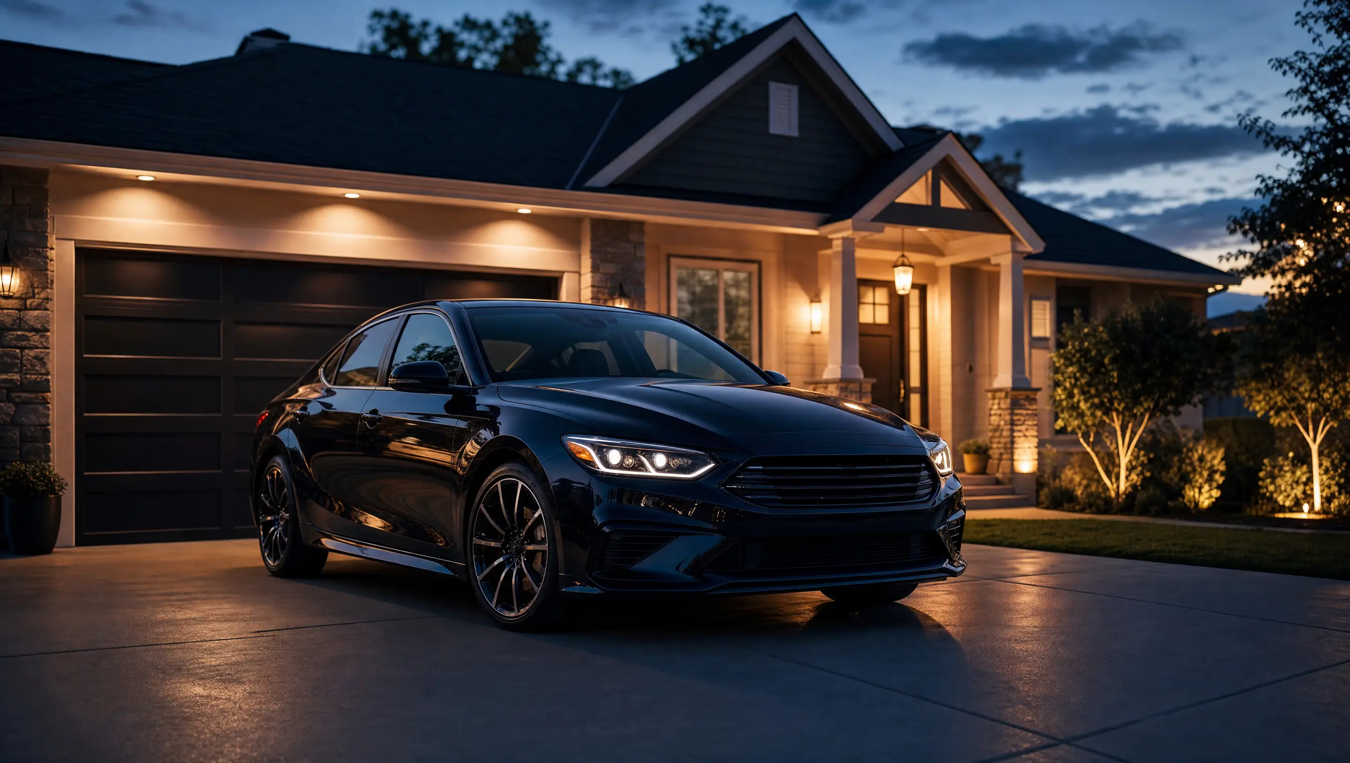 A dark sedan parked in a home driveway at dusk