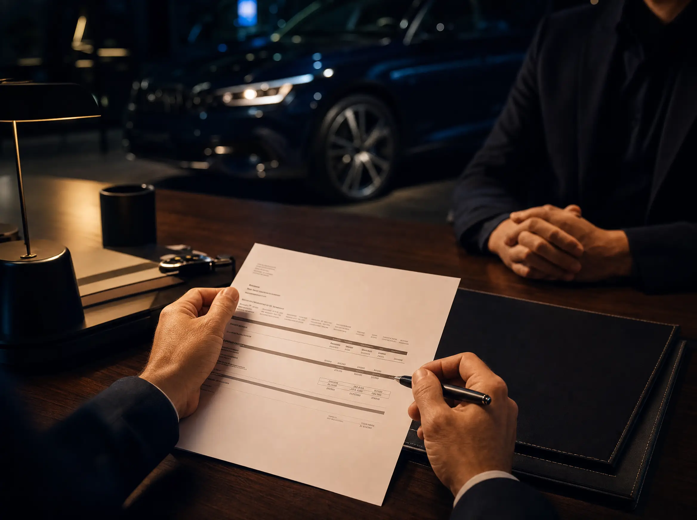 A vehicle purchase being negotiated across a dealership desk